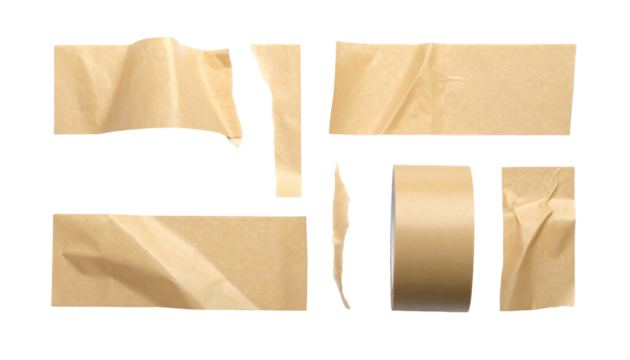 Various Brown Adhesive Tape Strips and Roll with Transparent Background for Creative Use