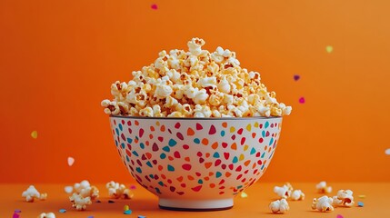 Popcorn Bowl on Orange Background with Colorful Confetti for Festive Occasion