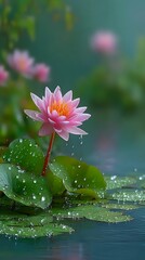 Pink Water Lily with Dew Drops Floating on Pond Leaves in Tranquil Setting