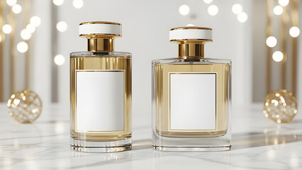 Elegant perfume bottles shimmering with gold accents, radiating luxury and timeless beauty for branding