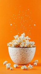 Popcorn Overflowing a Speckled Bowl on Orange Background with Scattered Pieces and Falling Salt