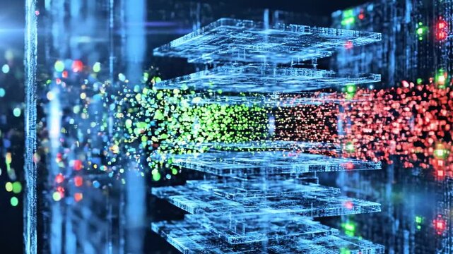 Futuristic data center with glowing lights, abstract structures, and particle streams