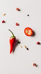 Red Chili Pepper Still Life Whole, Sliced, Seeds and Pepper Flakes on White