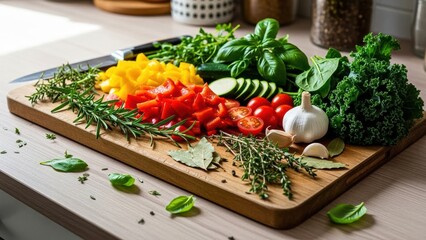 Freshly chopped colorful vegetables and herbs on a wooden cutting board