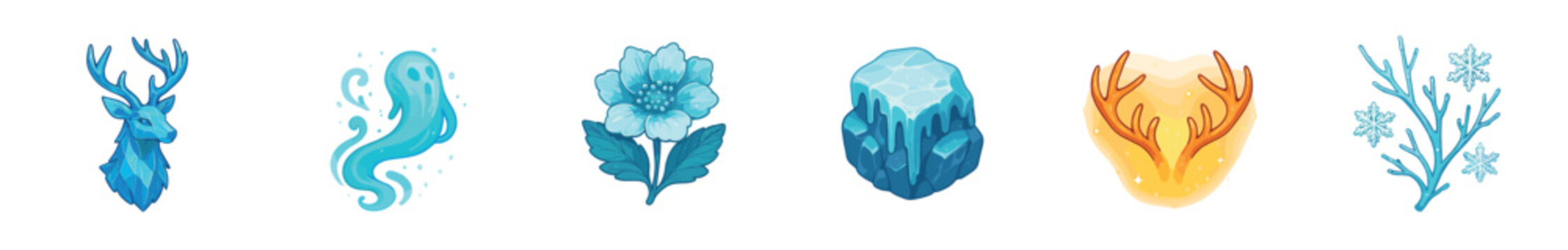 Set of fantasy winter magic game icons including an ice deer, ghost, frozen flower, crystal, glowing antlers, and snowy branch, isolated on a white background