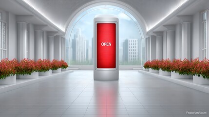 Red Open Sign in White Hallway with Columns and Flower Pots and City View