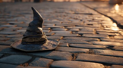 Enchanting wizard hat resting on cobblestone street, perfect for fantasy book covers and Halloween promotions, evoking mystery and magic in a vintage setting with golden light