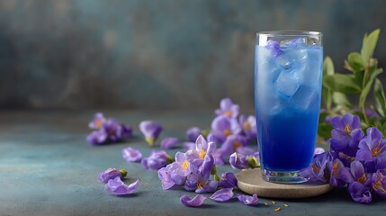 Refreshing Blue Butterfly Pea Tea with Ice and Purple Freesia Flowers Adornment