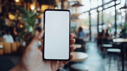 Hand Holding Smartphone with Blank Screen in Cozy Cafe Setting for Technology and Business Concepts