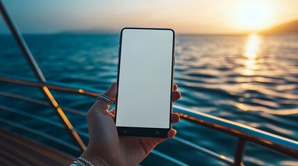 Smartphone with Blank Screen Held Over Water View at Sunset on a Boat