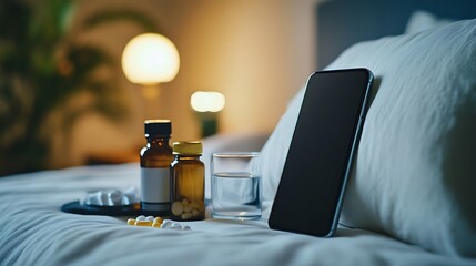 Calm Nighttime Routine with Smartphone, Glass of Water, and Pill Bottles on Cozy Bed Linen in Soft Lighting