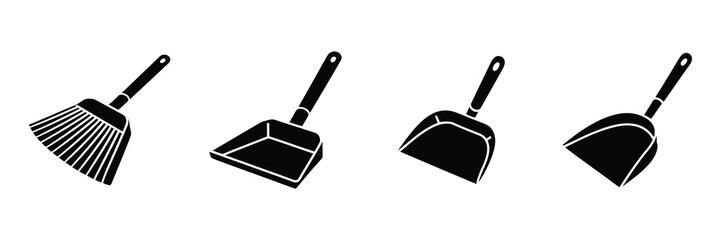 Collection of four black silhouette icons representing dustpans and brooms for cleaning and household chores, isolated on white