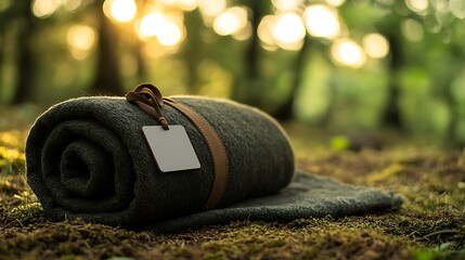 Rolled Wool Blanket on Mossy Ground Surrounded by Lush Green Forest with Soft Natural Light Filter