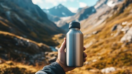 Hand Holding Metal Water Bottle in Scenic Mountain Landscape with Lush Green Hills and Distant Peaks