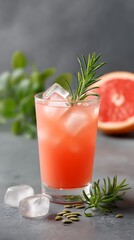 Refreshing Grapefruit with Rosemary and Ice on Grey Surface Still Life