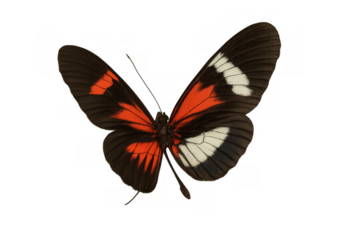 Black, red, and white postman butterfly isolated with wings spread, symbolizing nature, fragility, and transformation