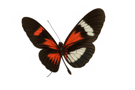 Black, red, and white postman butterfly isolated with wings spread, symbolizing nature, fragility, and transformation