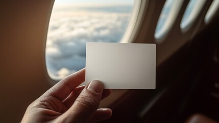 Hand Holding Blank Business Card Near Airplane Window with Cloudy Sky in Background