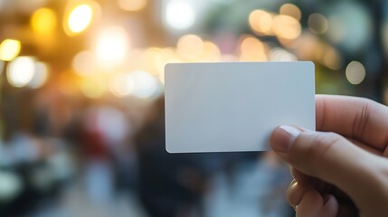 Blank White Business Card Held by Hand on a Blurred Background with Warm Bokeh Lights in an Urban Setting