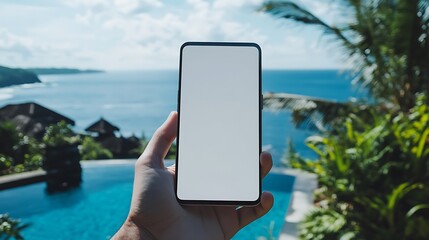 Hand Holding Blank Smartphone Displaying Screen Near Scenic Ocean View with Pool and Lush Greenery
