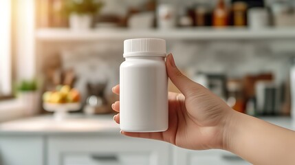 Hand Holding Blank White Supplement Bottle in Modern Kitchen with Natural Light and Fruits in Background