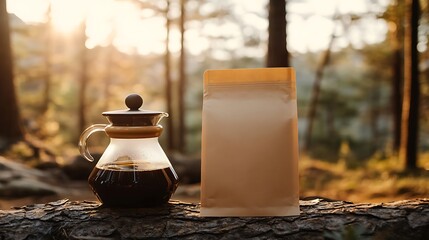 Warm Morning Coffee Brewed in Nature with Freshly Ground Beans and Sunlight in the Background
