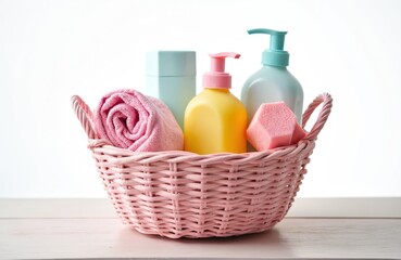 Pink basket holds baby bathing items. Includes rolled towel, bottles of shampoo, lotion, and a pink sponge. White background, clean aesthetic. Essential newborn care products ready for use.