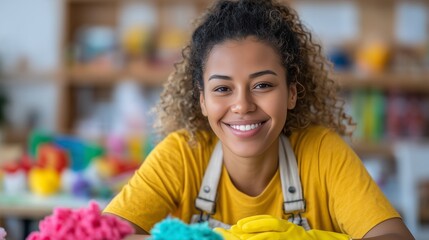 Dedicated childcare worker tidies up toys after a busy day, creating a safe and organized space for children to learn and play with love