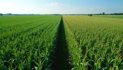 Aerial drone view shows vast green corn fields, growing agricultural crops. Clear boundary path divides two distinct types of plants thriving under bright blue sky. Summer rural farm landscape with