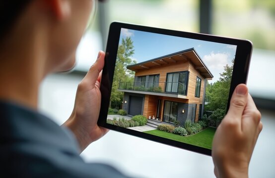 Person holds tablet displaying modern house exterior. Screen shows new home with wood siding, large windows, balcony, garage, green lawn, landscaping. Viewer explores real estate property using