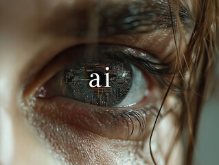 Human eye features artificial intelligence text symbolizing technological vision and digital perception.