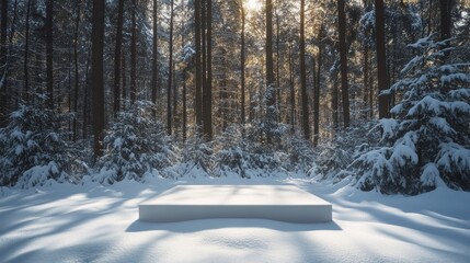 Christmas tree with white snowdrift,snowflakes,snow land,podium with bauble,Christmas theme stage podium mock up for product placement,Happy New Year. Celebrate party,Xmas Poster,web banner,festive.