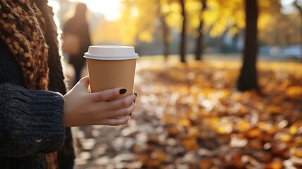 Cozy autumn scene with woman holding disposable coffee cup in warm sunlight surrounded by colorful fall leaves