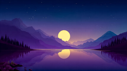 Fototapeta na wymiar Moon rising above violet ridges in a quiet night. Night landscape moon.