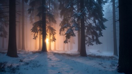 Ethereal Winter Forest - Sunlight Filtering Through Misty Trees.