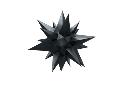 Abstract Dark Gray 3D Geometric Starburst Object with Sharp Spiky Points Isolated on Black Background Detailed Surface Texture Reflecting Light Minimalist Futuristic Design Element