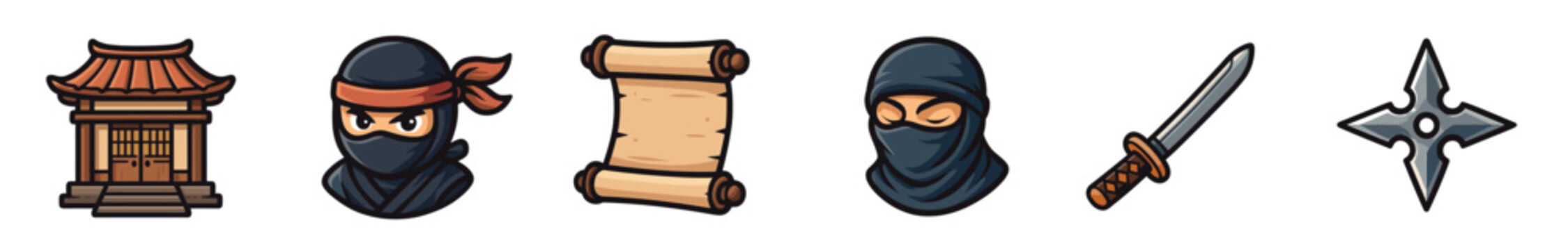 Set of ninja themed cartoon icons including a dojo, warrior masks, a scroll, a sword, and a shuriken weapon, illustrated in a bold vector style and isolated on a white background