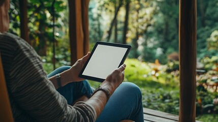 Person Holding Blank Tablet Outdoors in Serene Natural Setting Surrounded by Lush Greenery and Soft Light