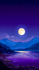 Fototapeta premium Full moon under starry sky above tranquil mountain lake. Moonlit night lake.