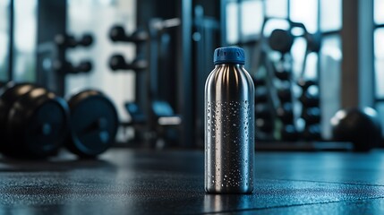 Reflective Metal Water Bottle on Gym Floor with Fitness Equipment in Background and Natural Light