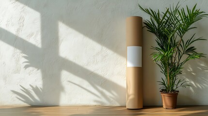 Minimalist Interior Setup with Decorative Plant and Stylish Column Lamp Casting Shadows on Wall