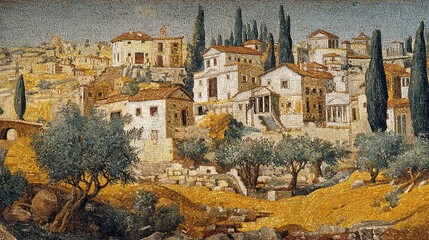 Experience the beauty of a sun-drenched Mediterranean hillside village with charming architecture, lush greenery, and serene atmosphere, perfect for travel inspiration and historical art projects