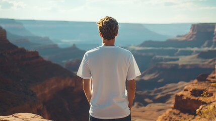 Young Man Standing on Edge of Canyon Observing Stunning Natural Landscape Under Clear Blue Sky