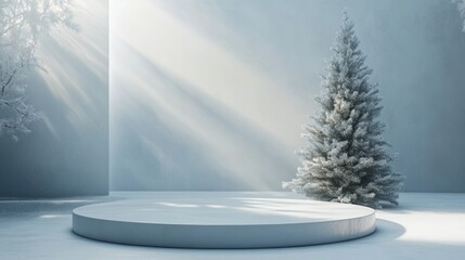 Fototapeta premium Christmas tree with white snowdrift,snowflakes,snow land,podium with bauble,Christmas theme stage podium mock up for product placement,Happy New Year. Celebrate party,Xmas Poster,web banner,festive.