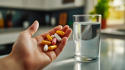 Hand Holding Assorted Colorful Pills Near Full Glass of Water in Bright Modern Kitchen Setting