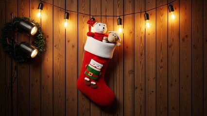 Festive Christmas Stocking and Lights on Wooden Wall.