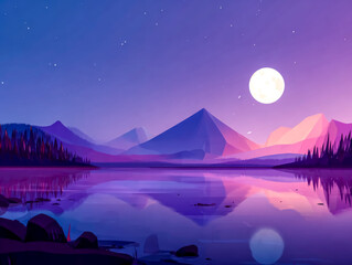 Moon rising above pink and blue mountain ridges by the lake. Moonlit pink blue night.