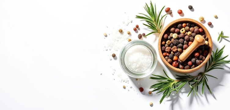 Top view arrangement shows various spices with salt. Rosemary sprigs lay near wooden mortar. Natural light illuminates table for food styling concept. Healthy organic culinary ingredients ready to