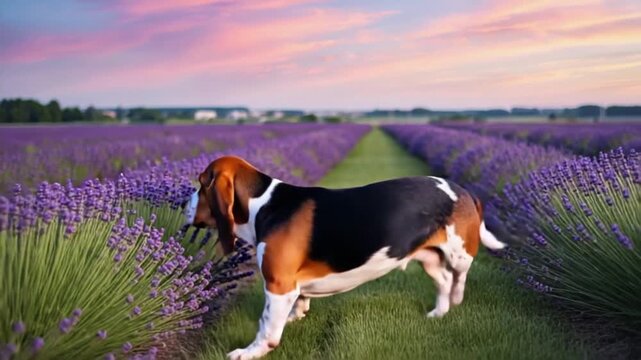 Basset hound standing in a lavender field at sunset with a pink and purple sky above it all dog video