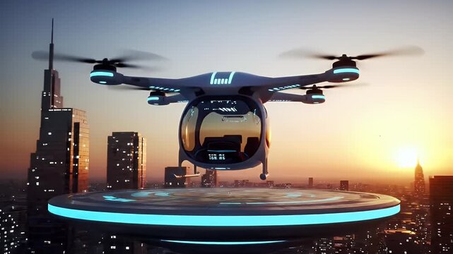 Futuristic Air Taxi Drone Landing in Modern City at Sunset